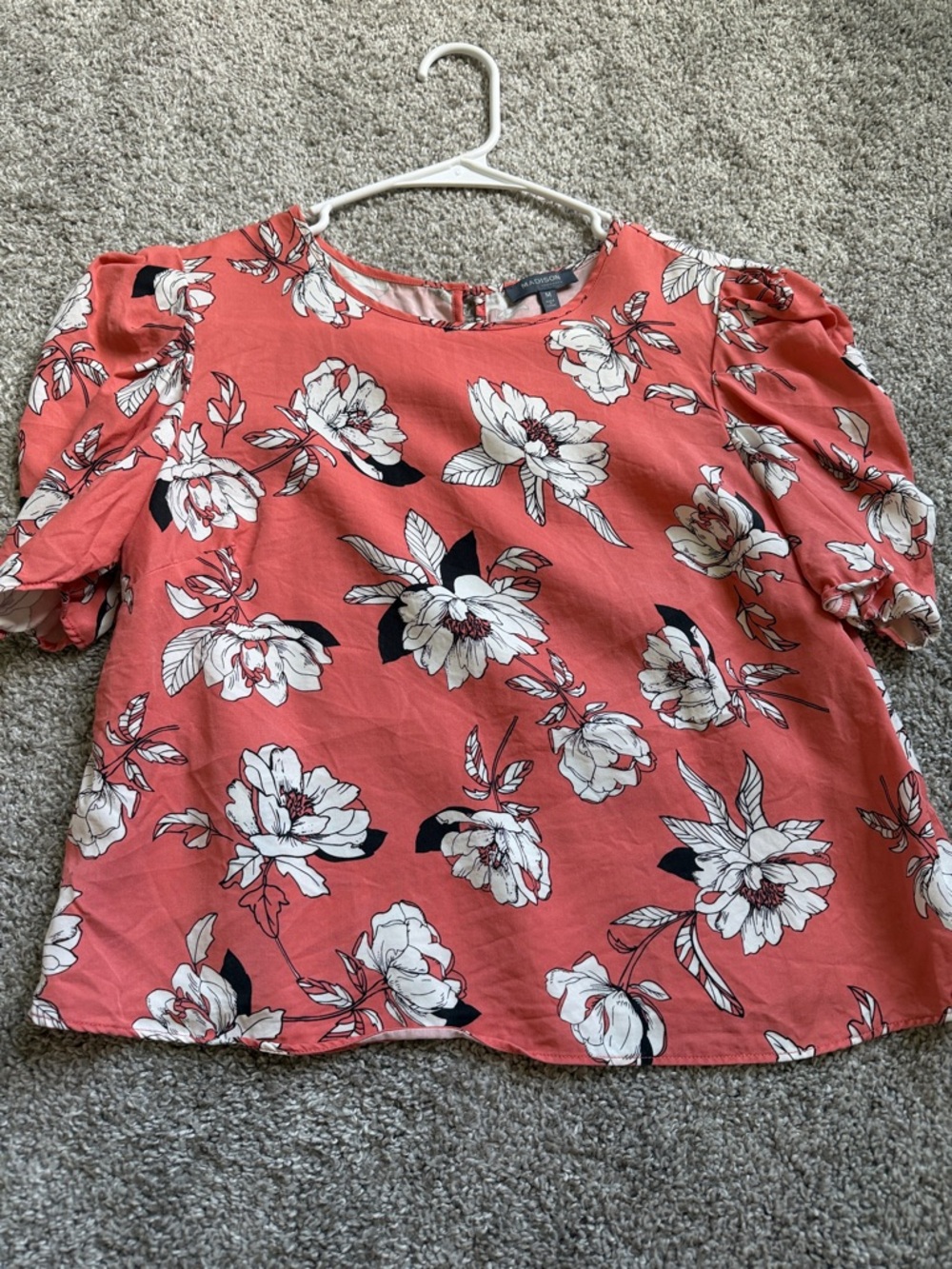 Madison Coral Floral Puff Sleeve Top